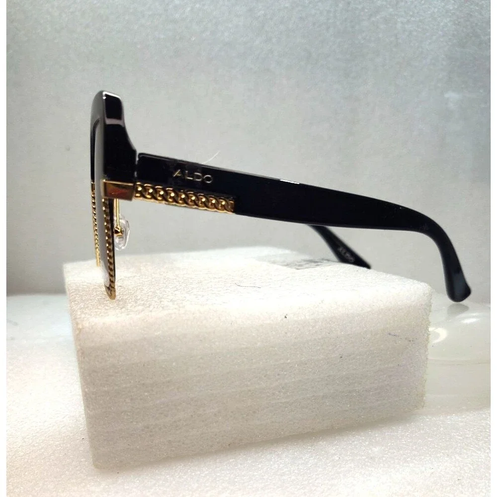 ALDO Square Sunglasses Black Frame Gray Gradient Gold Trim Oversized 27-19-150